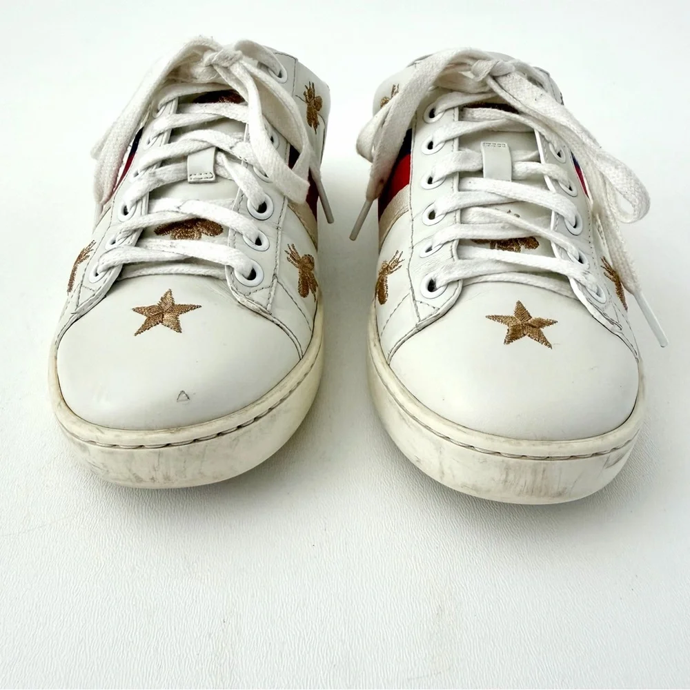 GUCCI || Ace‎ White Leather Embroidered Bee Star Sneakers Collapsible Heel EU 36